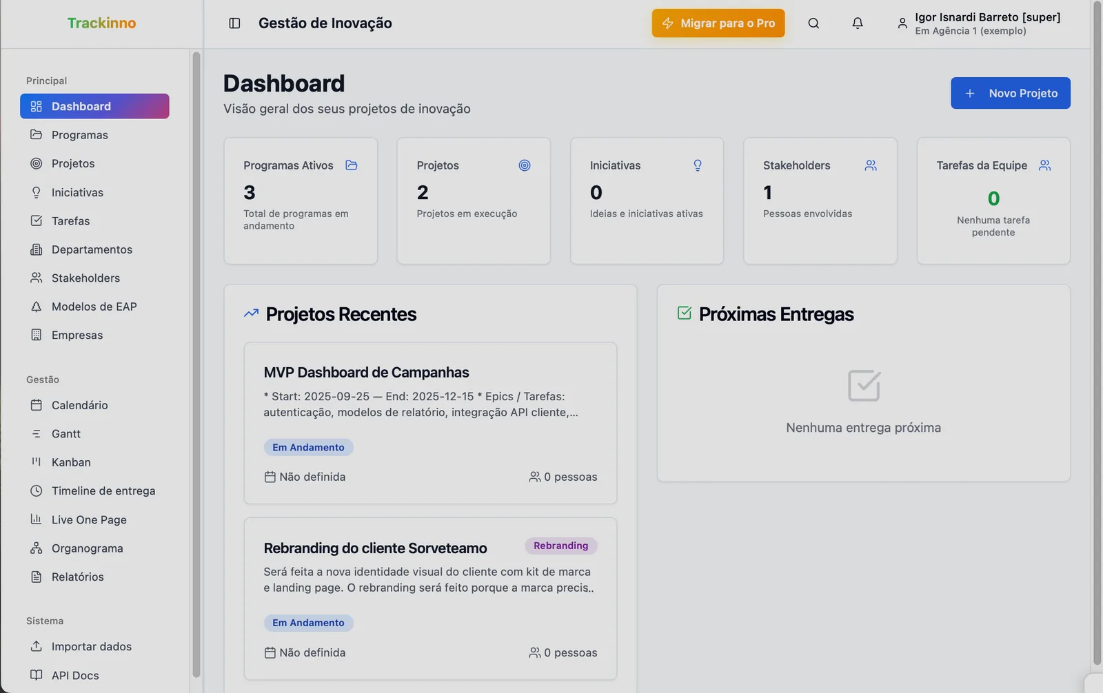 Dashboard do Trackinno: programas ativos, projetos, iniciativas, stakeholders e tarefas da equipe
