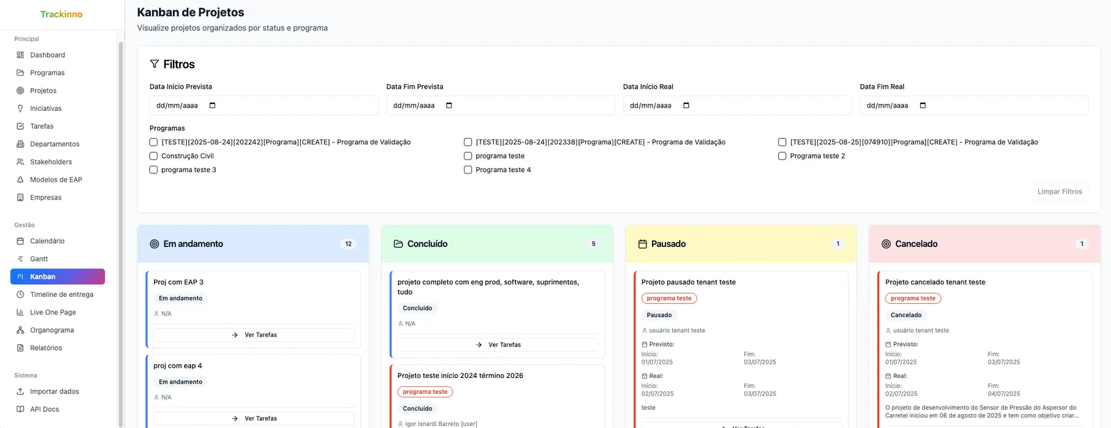 Kanban de projetos, filtrado do seu jeito